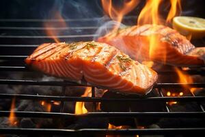 Grilled salmon on flaming grill photo