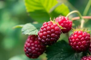 Closeup of ripe raspberries on a blurred background photo