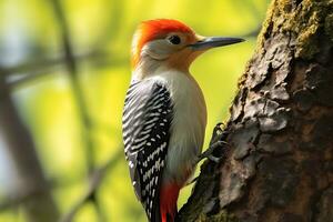 Closeup shot of a redbellied woodpecker on a tree photo