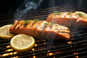 Grilled salmon on flaming grill photo