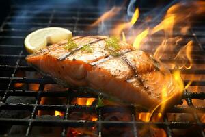 Grilled salmon on flaming grill photo