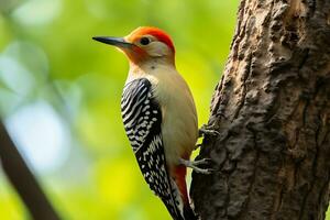 Closeup shot of a redbellied woodpecker on a tree photo