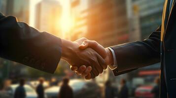 Businessmen making handshake with partner. Generative Ai. photo