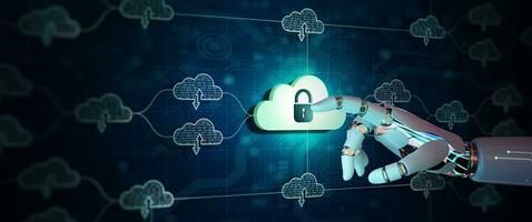 Cloud computing technology. Data information on cloud to backup storage internet data with Artificial Intelligence Concept. 3D illustration. photo