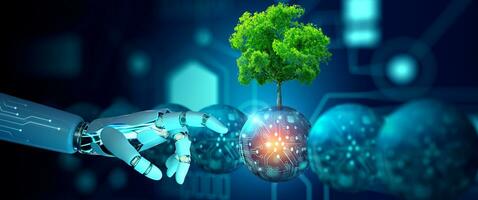 Robot hand pointing a digital ball with tree against nature. Ecology, Energy, and Environment Concept. photo