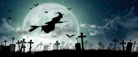 Halloween Silhouette of Witch flying over the full moon. 3D Illustration. photo