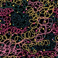 Seamless pattern with colorful sketch hand drawn brush scribble circles shape on black background. Vector illustration