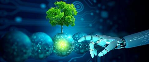 Robot hand pointing a digital ball with tree against nature. Ecology, Energy, and Environment Concept. photo