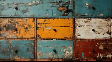 Generative AI, old dresser wooden texture. Blue, turquoise, yellow and orange colors. Vintage grunge background photo