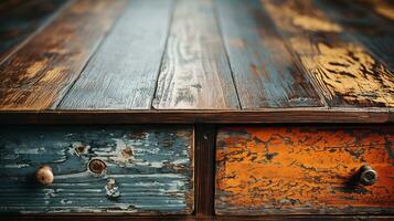 Generative AI, old dresser wooden texture. Blue, turquoise, yellow and orange colors. Vintage grunge background photo