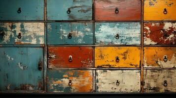 Generative AI, old dresser wooden texture. Blue, turquoise, yellow and orange colors. Vintage grunge background photo