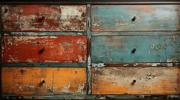 Generative AI, old dresser wooden texture. Blue, turquoise, yellow and orange colors. Vintage grunge background photo