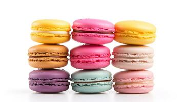 Sweet French macaroons on a white background, dessert. photo