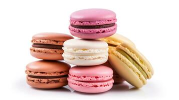 Sweet French macaroons on a white background, dessert. photo