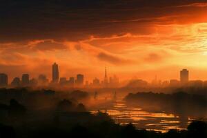 Sunset bathes the city in a serene, misty evening glow AI Generated photo