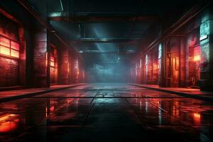 Minimalist urban, Neon lights, brick walls, concrete floor, smoke AI Generated photo