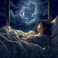 Illustration a girl with closed eyes against the background of the starry sky, the universe. photo