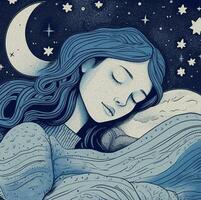 Illustration of a sleeping girl against the night sky. photo