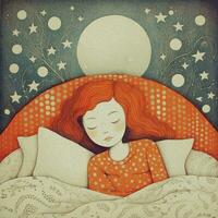 Illustration of a sleeping cute girl. Sleeping girl with red hair in orange pajamas in the bed. photo