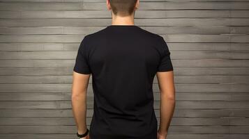 Generative AI, Realistic black T-Shirt mock up blank put on young man, back view, copyspace for presentation advertising. Blank business concept. photo