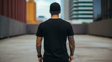 Generative AI, Realistic black T-Shirt mock up blank put on young man, back view, copyspace for presentation advertising. Blank business concept. photo