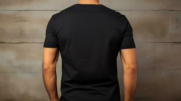 Generative AI, Realistic black T-Shirt mock up blank put on young man, back view, copyspace for presentation advertising. Blank business concept. photo