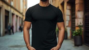Generative AI, Realistic black T-Shirt mock up blank put on young man, front view, copyspace for presentation advertising. Blank business concept. photo