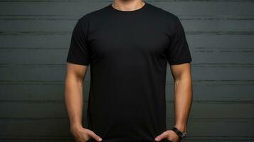 Generative AI, Realistic black T-Shirt mock up blank put on young man, front view, copyspace for presentation advertising. Blank business concept. photo