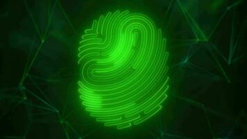 digitaal biometrisch vingerafdruk achtergrond - gloeiend groen vingerafdruk met plexus lijnen en gegevens knooppunten. lus, vol hd veiligheid technologie beweging achtergrond animatie. video