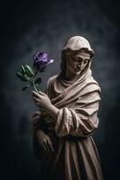 generativo ai, fotorrealista antiguo escultura y flores, apagado neutral colores, 3d estilo cerámico estatua foto