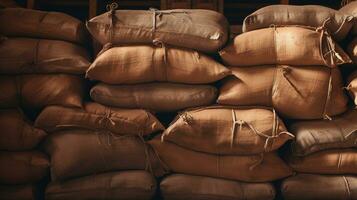 Generative AI, Stack hemp sacks of rice or coffee, industrial storage photo