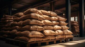 Generative AI, Stack hemp sacks of rice or coffee, industrial storage photo