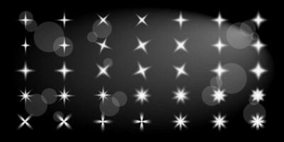 Set of white silver shiny vector objects, design elements, star and sparkles symbols, luxury aesthetic glowing decorations.