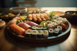 Platter sushi rolls food. Generate Ai photo