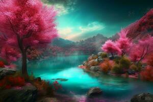 Pink magical blossom forest. Generate Ai photo