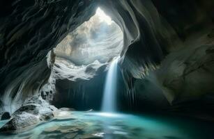 Cave waterfall nature. Generate Ai photo