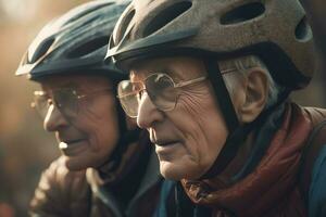 Old couple bike helmet. Generate Ai photo