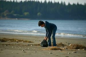 Person picking trash beach cleaning. Generate Ai photo