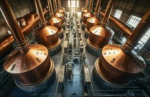 Brewery large copper barrels. Generate Ai photo