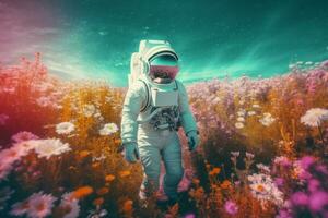 Astronaut standing field flowers. Generate Ai photo