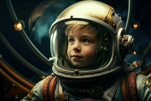 Astronaut spaceship space child boy. Generate Ai photo