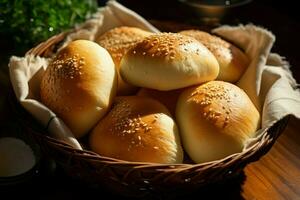 Batch of oven-baked rolls served alongside nutritious cuisine. Generate Ai photo