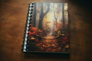 Practical Autumn forest writing notebook. Generate Ai photo