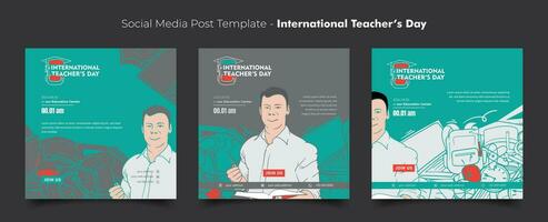 Social media post template for world teacher's day with teacher and learning tools illustration vector