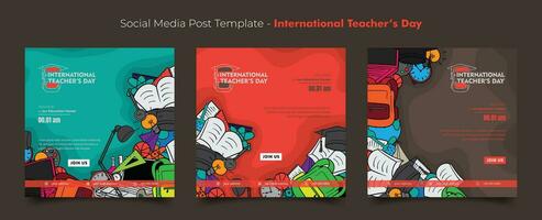 Social media post template with learning tools in colorful hand drawn for teacher's day design vector