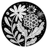 Black and White Flowers Round Emblem, Decorative Abstract Floral Badge, Vector Illustration, Design Element for Ecology Concepts, Natural Products, Flower Shop, Packaging, Prints on Shirts, Bags