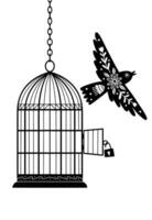 Bird and Cage Silhouette Drawing, Black on White, Freedom Concept vector