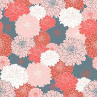 Seamless repeating pattern with hand drawn chrysanthemum flowers in teal blue, peach pink, red, white colors. Decorative print for wallpaper, wrapping, textile, fabric, greetings. vector