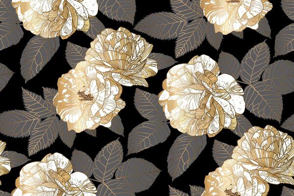 Vector seamless pattern. Golden outline rose flowers on black background.  Floral illustration. Luxury design concept for fabric design, textile  print, wrapping paper or web backgrounds. Stock Vector