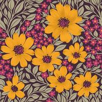 Floral Seamless Pattern of Yellow and Plum Flowers, Grey Leaves on Dark Violet Backdrop, Wallpaper Design for Textiles, Papers, Prints, Fashion Backgrounds, Beauty Products vector